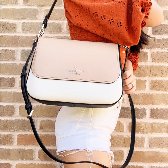 Kate Spade Staci Colorblock Saffiano Leather Flap Shoulder Bag Warm Beige Multi - Picture 3 of 3